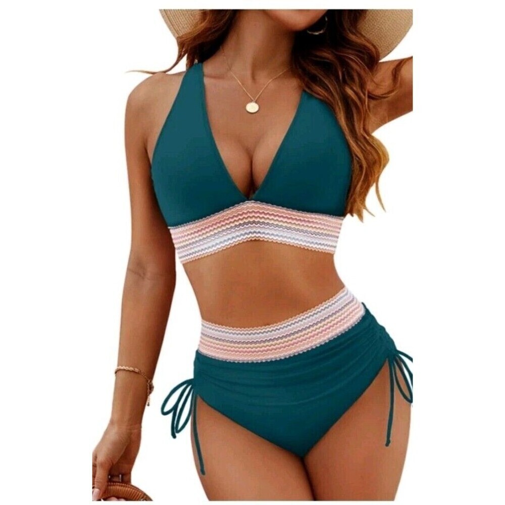 Blooming Jelly High Waisted Bikini Set  Size XL Teal Blue Tummy Control New